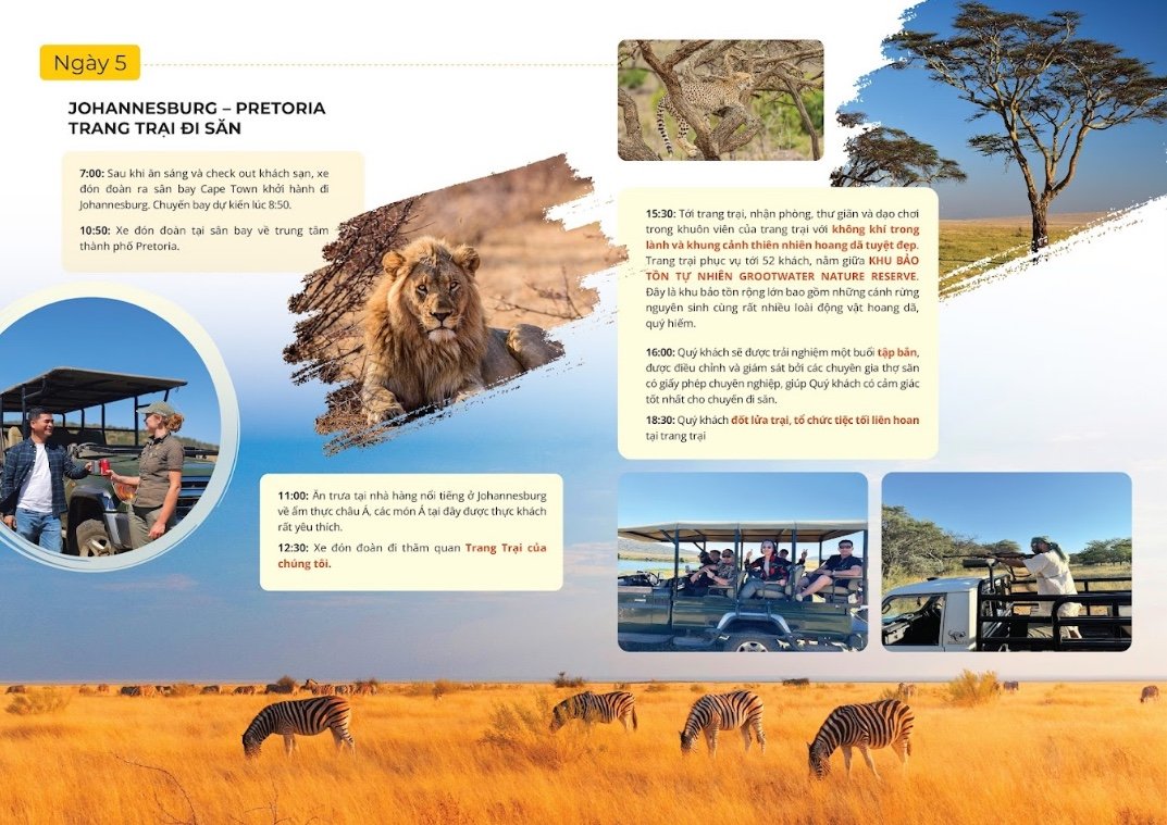 Ngày 5 của hành trình khám phá Johannesburg - Pretoria. Thăm quan trang trại di sản và trải nghiệm cảnh quan safari.