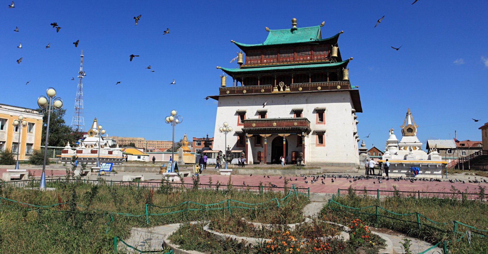 Đền Gandan ở Ulaanbaatar dưới bầu trời xanh, chim bay lượn, khách tham quan và tháp chùa nổi bật.