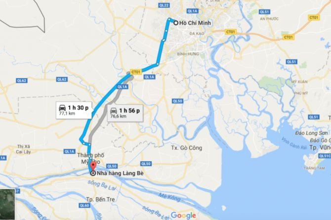 Bản đồ chỉ đường từ Thành phố Hồ Chí Minh đến Nhơn Trạch, với khoảng cách và thời gian dự kiến di chuyển.