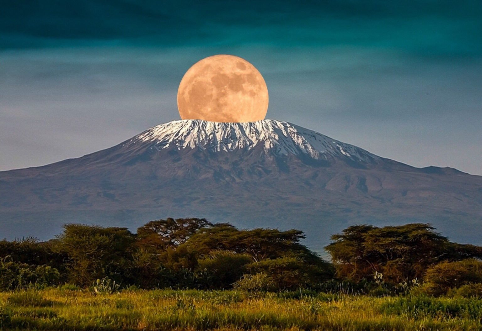 Mặt trăng tròn mọc phía sau ngọn núi Kilimanjaro, đỉnh núi tuyết nổi bật trên nền trời xanh thẳm.