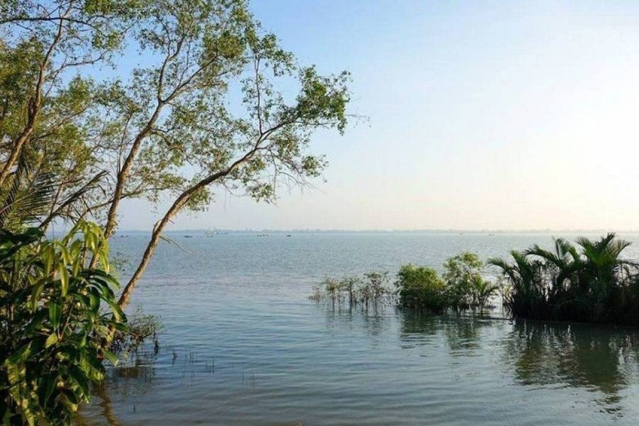 Khung cảnh sông nước xanh mát, cây cối xanh tốt hai bên bờ tạo nên vẻ đẹp yên bình và thư thái.