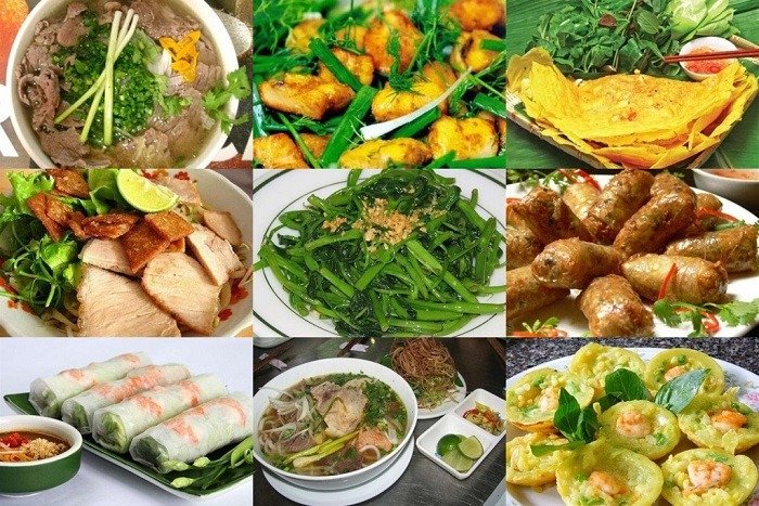 Một tuyển tập đa dạng các món ăn Việt Nam truyền thống đầy màu sắc và hấp dẫn trên bàn.