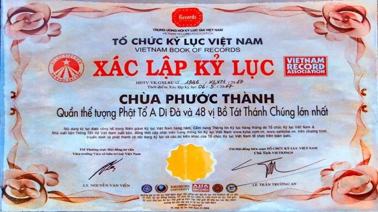 Chùa Phước Thành: Nét kiến trúc độc đáo ít người biết 3 Xác nhận kỷ lục Việt Nam cho Chùa Phước Thành với quần thể tượng Phật lớn nhất.