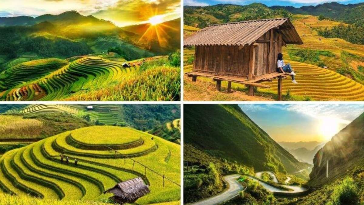 Hoàng hôn trên ruộng bậc thang với nhà gỗ và con đường đèo uốn lượn giữa cảnh núi non trùng điệp.