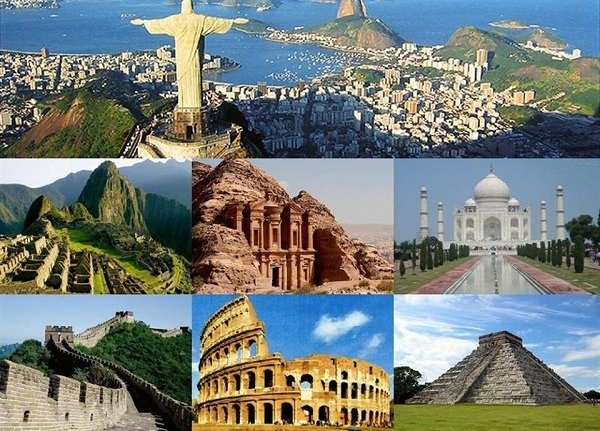 Tổng hợp hình ảnh các kỳ quan thế giới nổi tiếng như Machu Picchu, Petra, Colosseum và Taj Mahal.